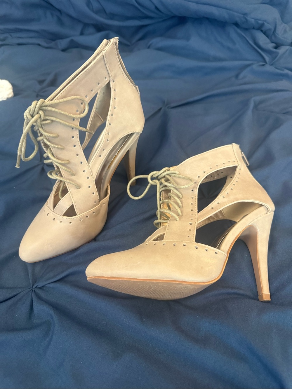 Refresh Taupe Lace-Up Cutout High Heels